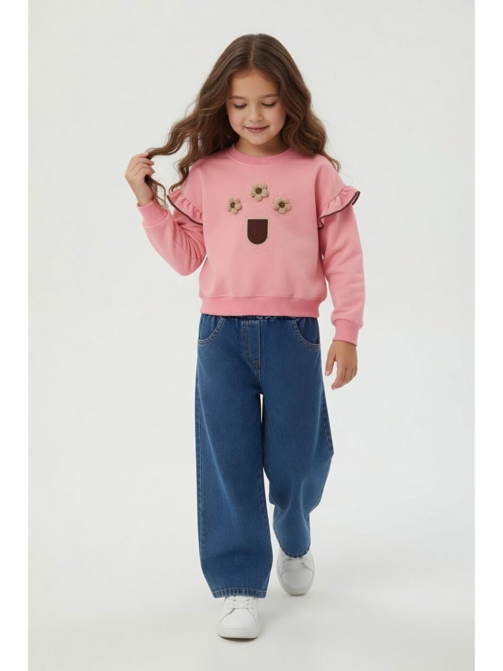 Pembe Çiçek Nakışlı Fırfırlı Badili Jean Pantolonlu Kız Çocuk Takım 24555-1