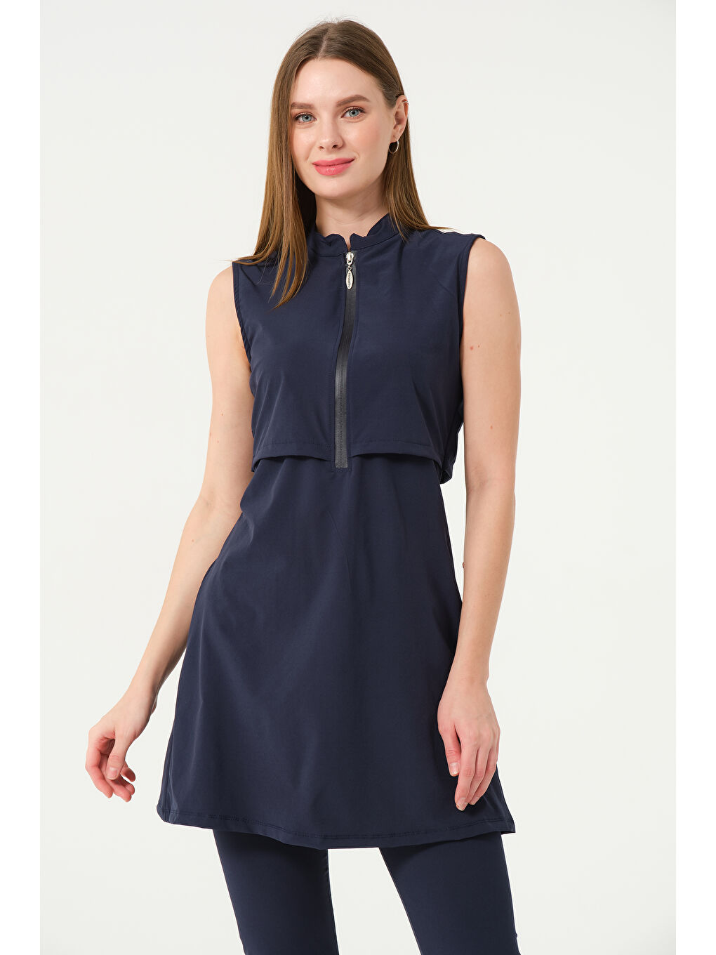 Lacivert Kadın Fermuarlı Kapalı Dik Yaka Sıfır Kol Kaprili Hızlı Kuruyan Mayo-4