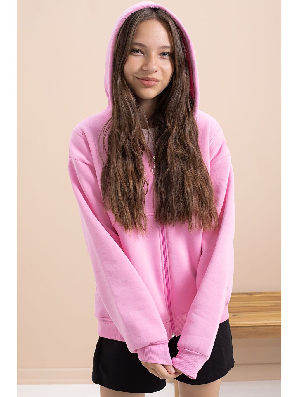 Pembe Kız Çocuk Şardonlu Kapüşonlu Hırka 21519-3
