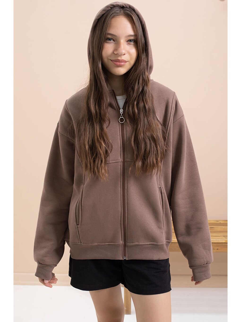 Kahverengi Kız Çocuk Şardonlu Kapüşonlu Hırka 21521-1