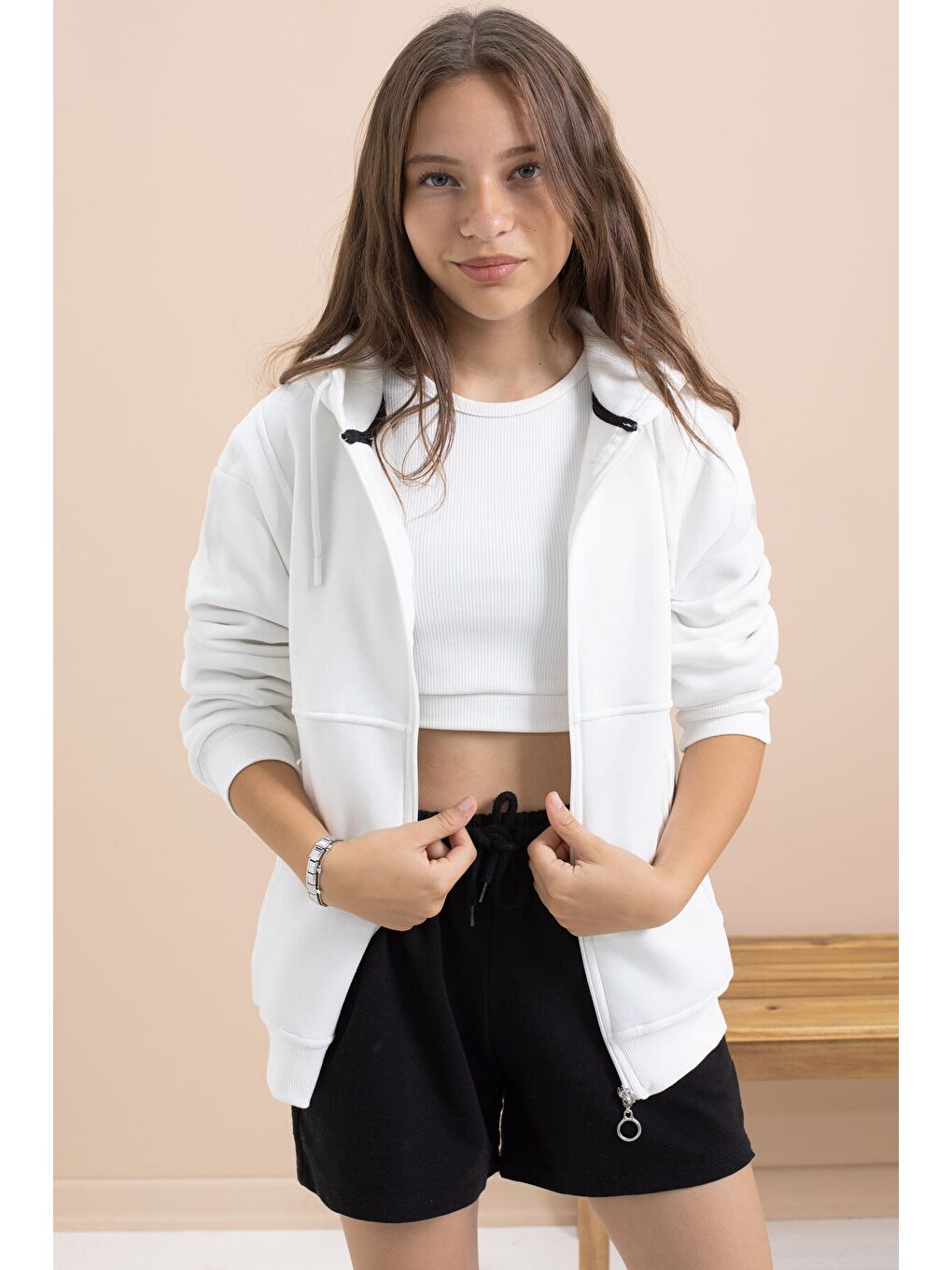 Beyaz Kız Çocuk Şardonlu Kapüşonlu Hırka 21520-4