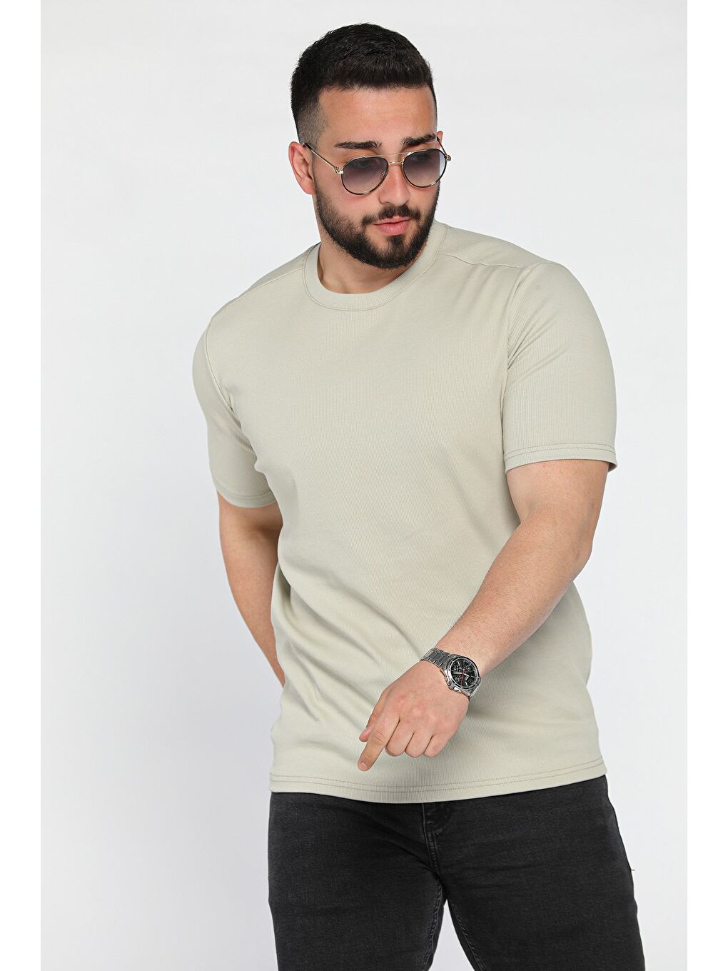 Bej Erkek Bisiklet Yaka Tişört