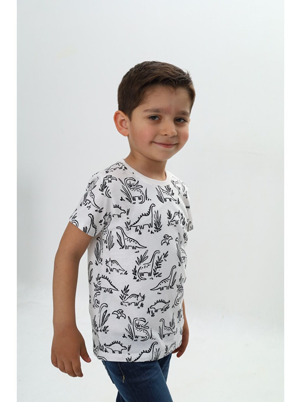 Beyaz Erkek Çocuk Komple Dinozor Baskılı Tişört-1