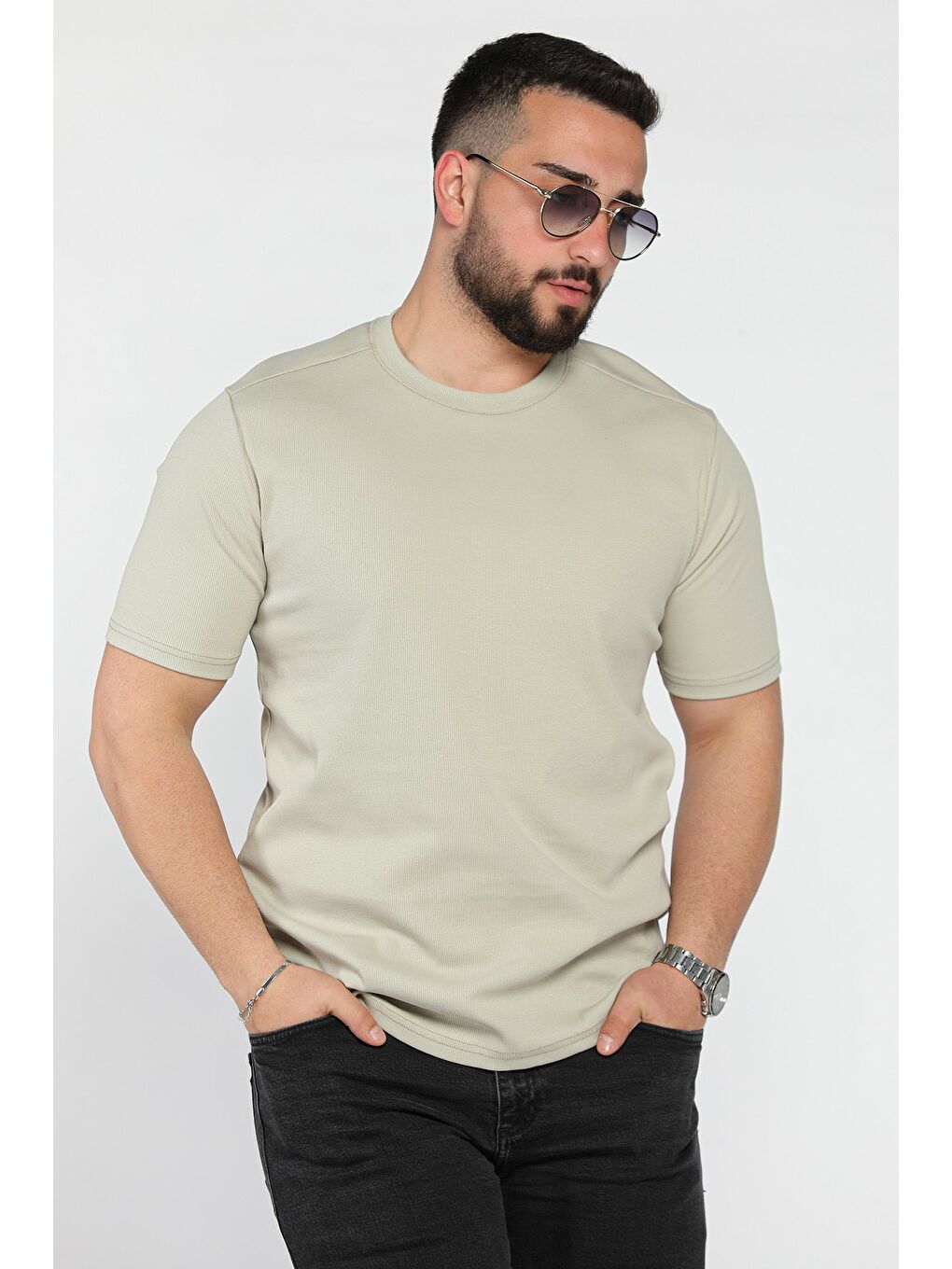 Bej Erkek Bisiklet Yaka Tişört-1