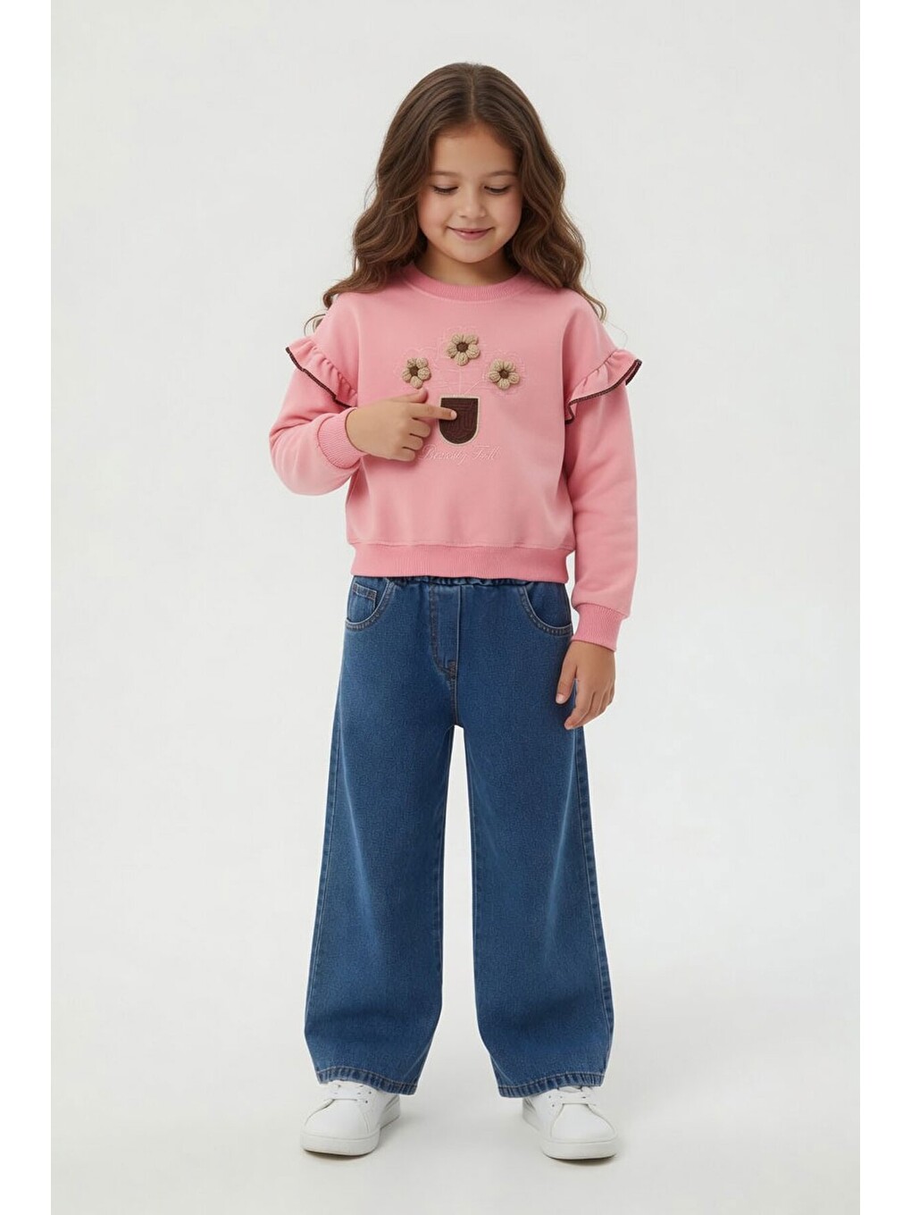 Pembe Çiçek Nakışlı Fırfırlı Badili Jean Pantolonlu Kız Çocuk Takım 24555-2