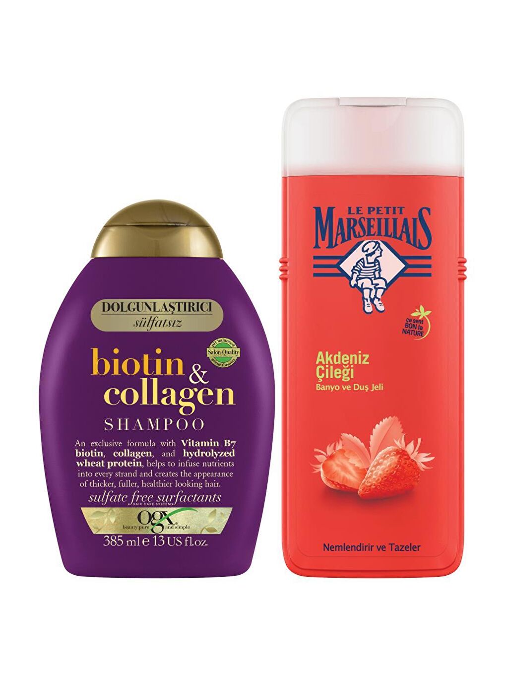 OGX Renksiz Biotin & Kolajen Sülfatsız Şampuan x2 + Le Petit Marseillais Akdeniz Çileği Duş Jeli 400 ml - 1