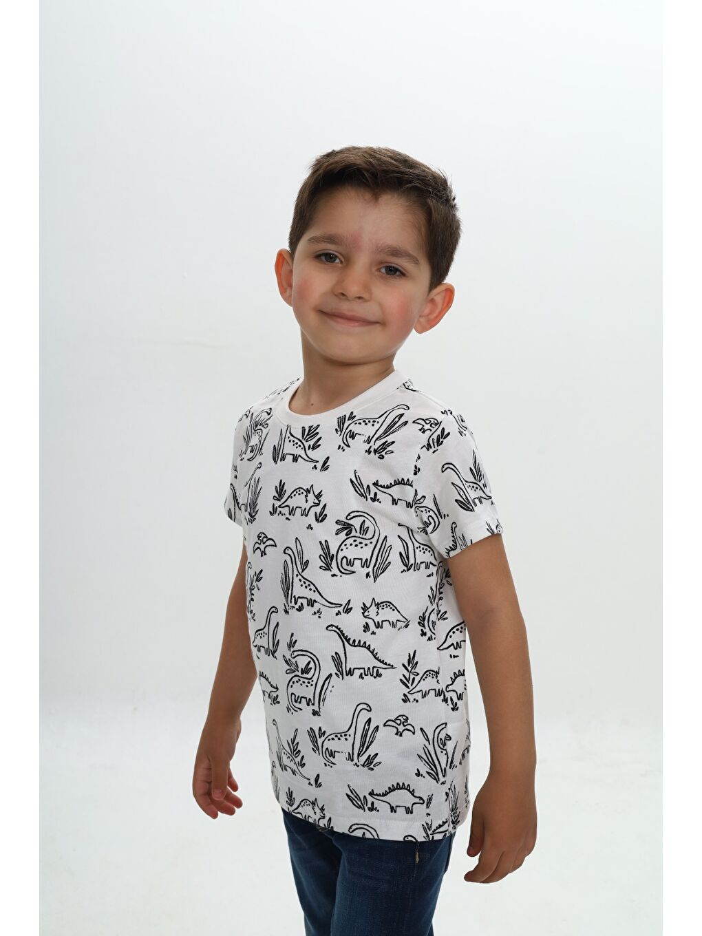 Beyaz Erkek Çocuk Komple Dinozor Baskılı Tişört-3