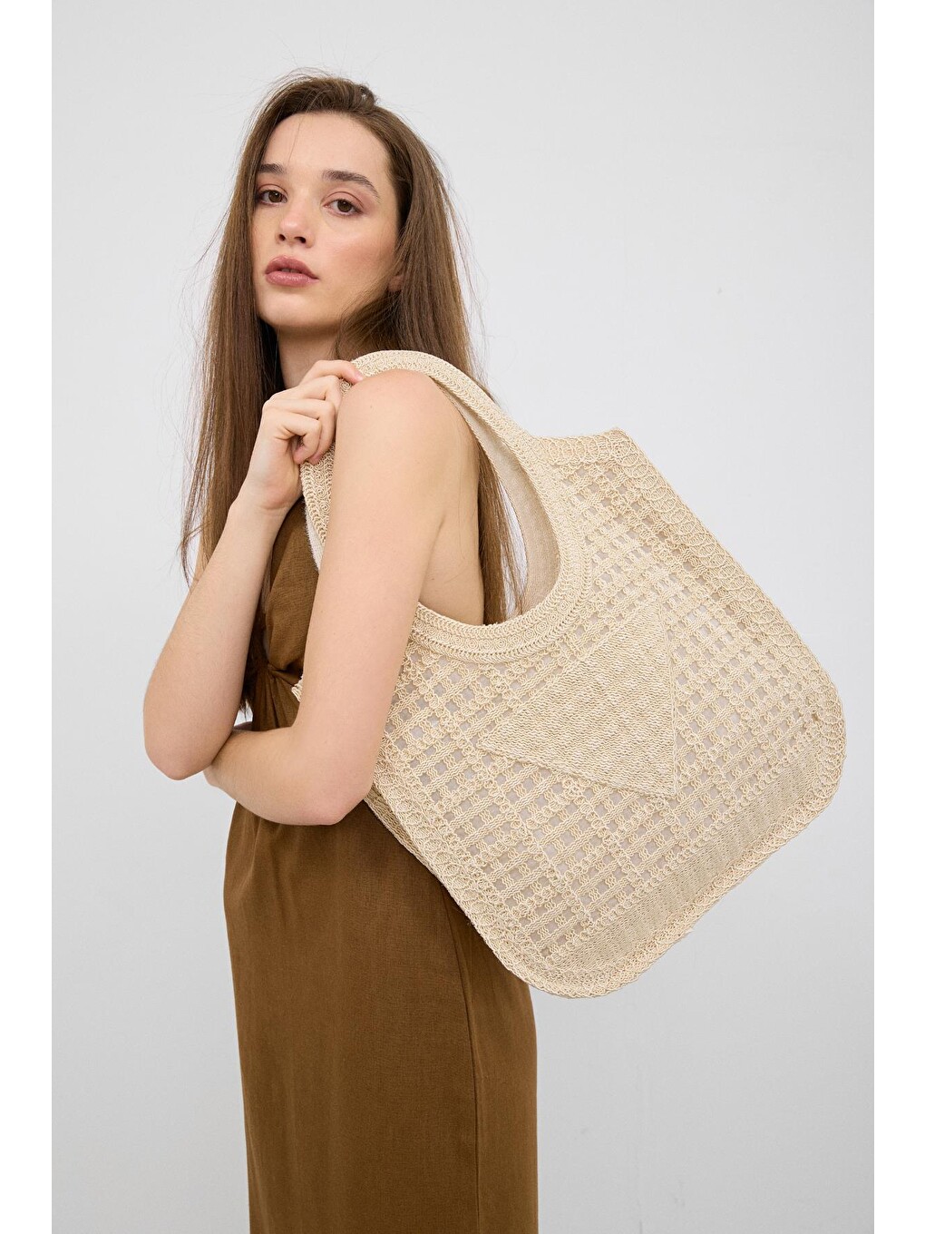Ekru Vicolo Handmade Makrome Tote Çanta Krem-1