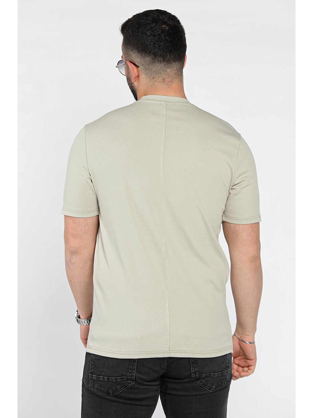 Bej Erkek Bisiklet Yaka Tişört-2