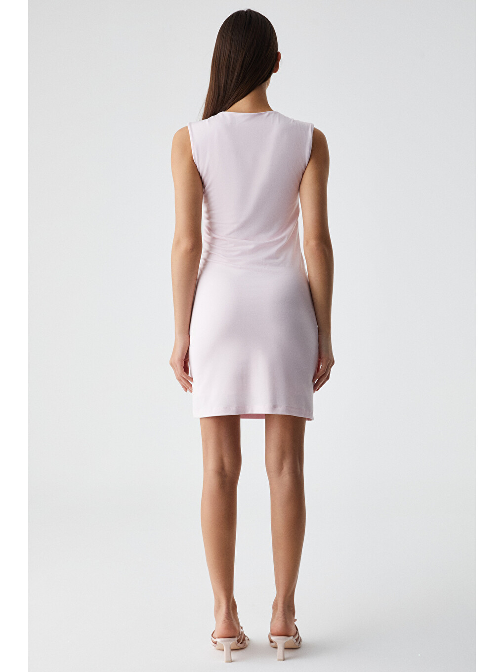 Pembe DRUID Kadın Bisiklet Yaka Slim Mini Sıfır Kol PEMBE Elbise-5