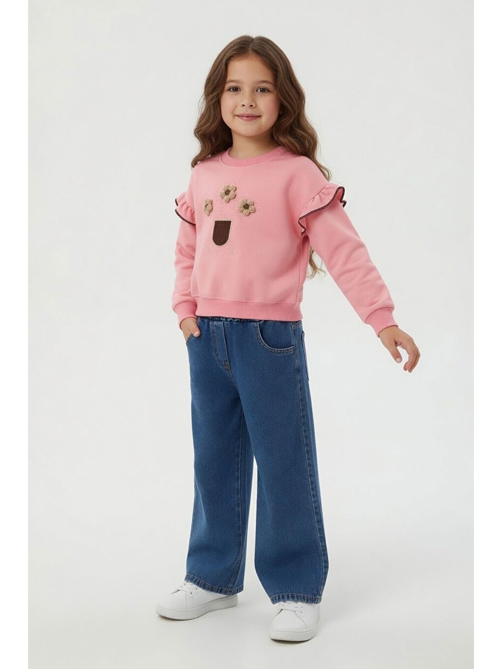 Pembe Çiçek Nakışlı Fırfırlı Badili Jean Pantolonlu Kız Çocuk Takım 24555-3