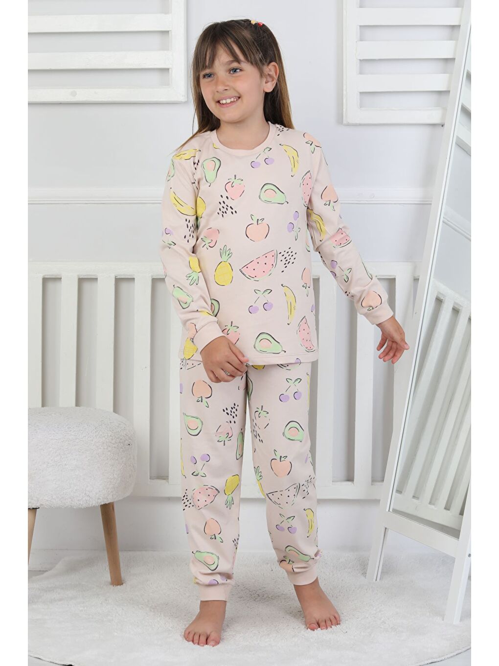 Bej Fruit Patterned Kız Çocuk Pijama Takımı-1