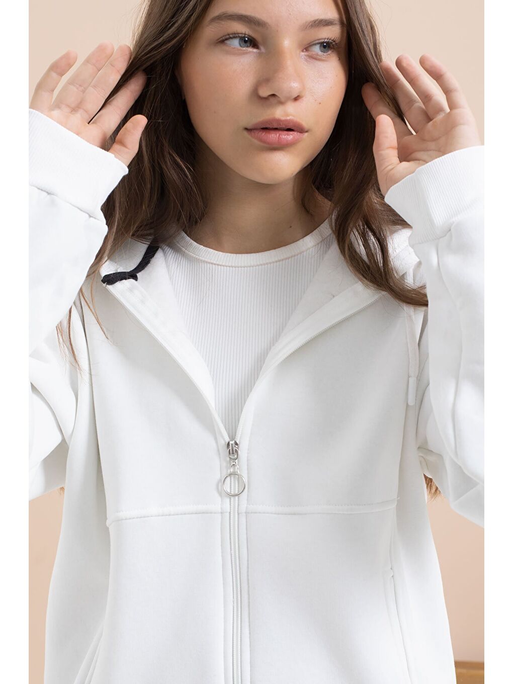 Beyaz Kız Çocuk Şardonlu Kapüşonlu Hırka 21520-1