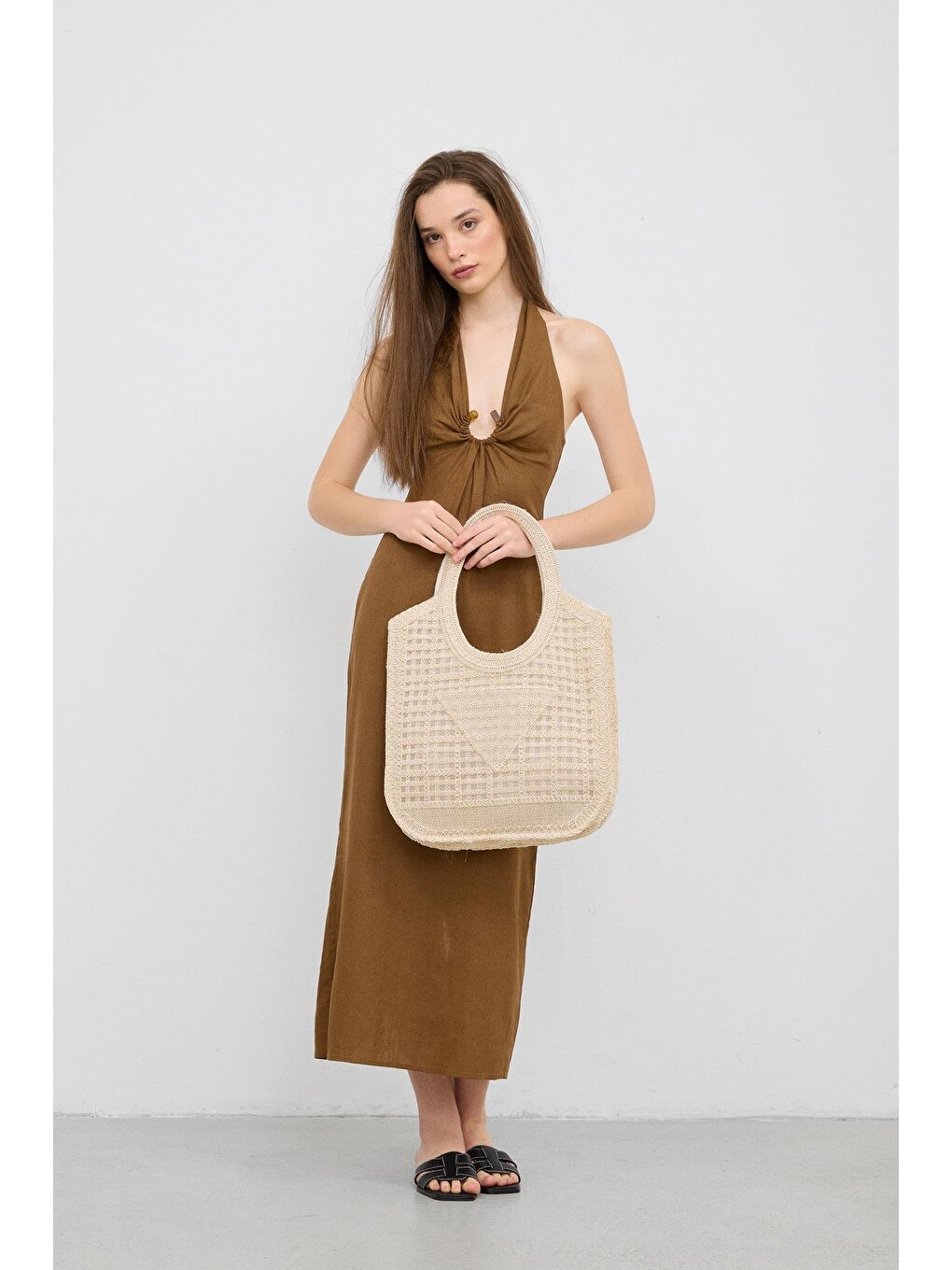 Ekru Vicolo Handmade Makrome Tote Çanta Krem-2