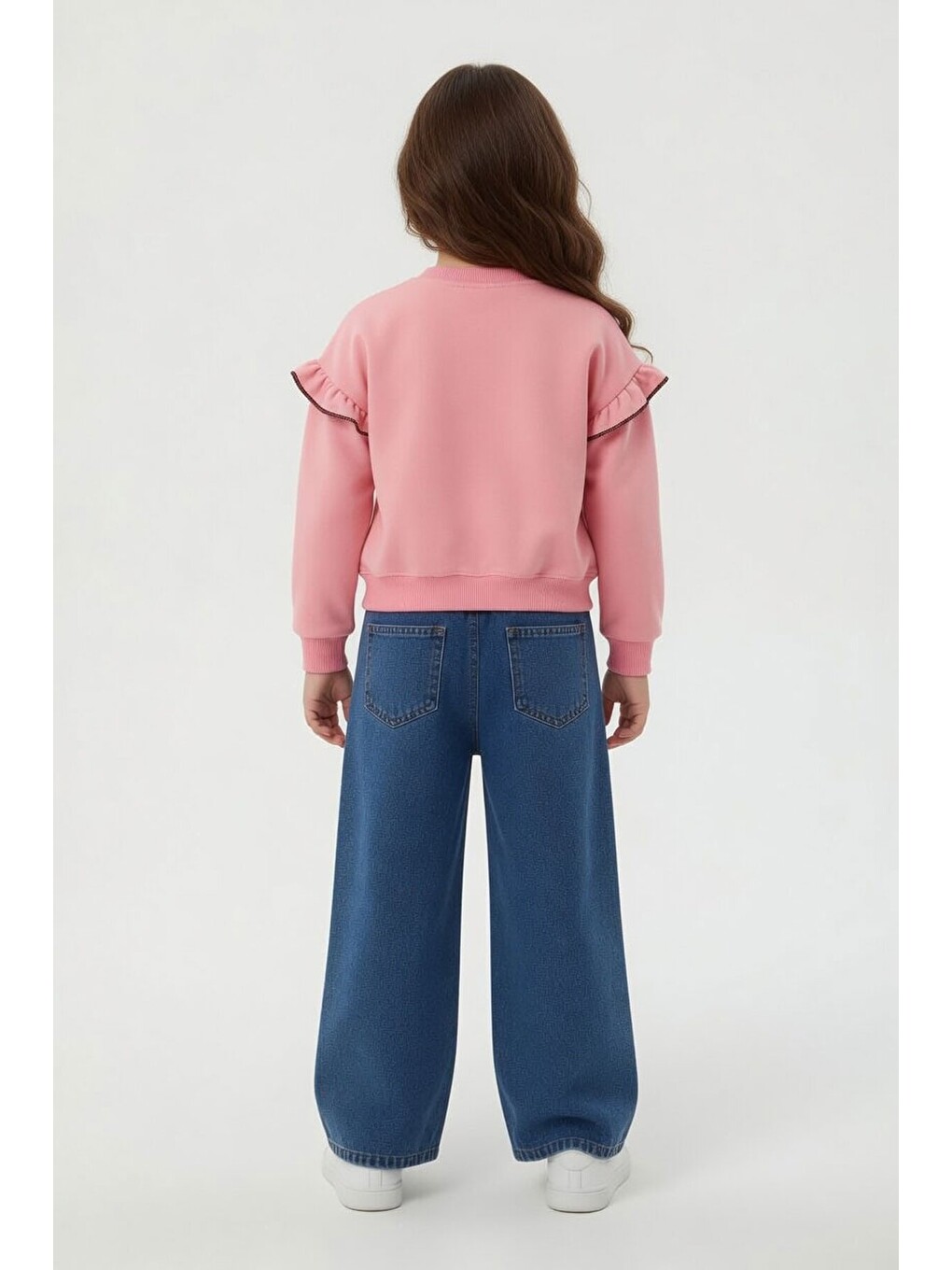 Pembe Çiçek Nakışlı Fırfırlı Badili Jean Pantolonlu Kız Çocuk Takım 24555-4
