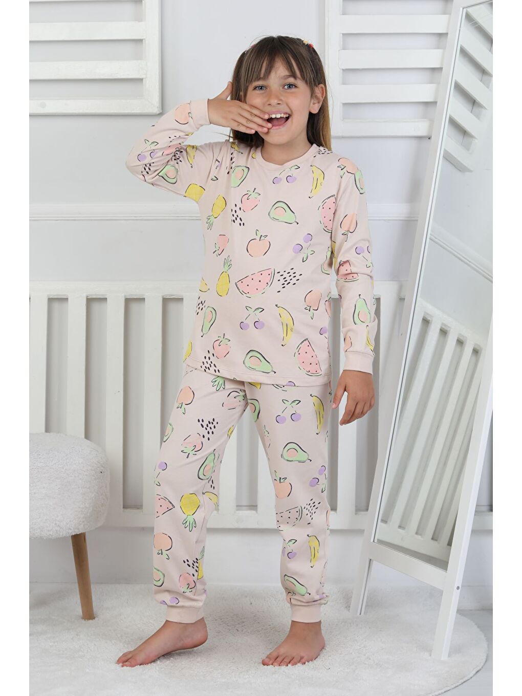 Bej Fruit Patterned Kız Çocuk Pijama Takımı-2