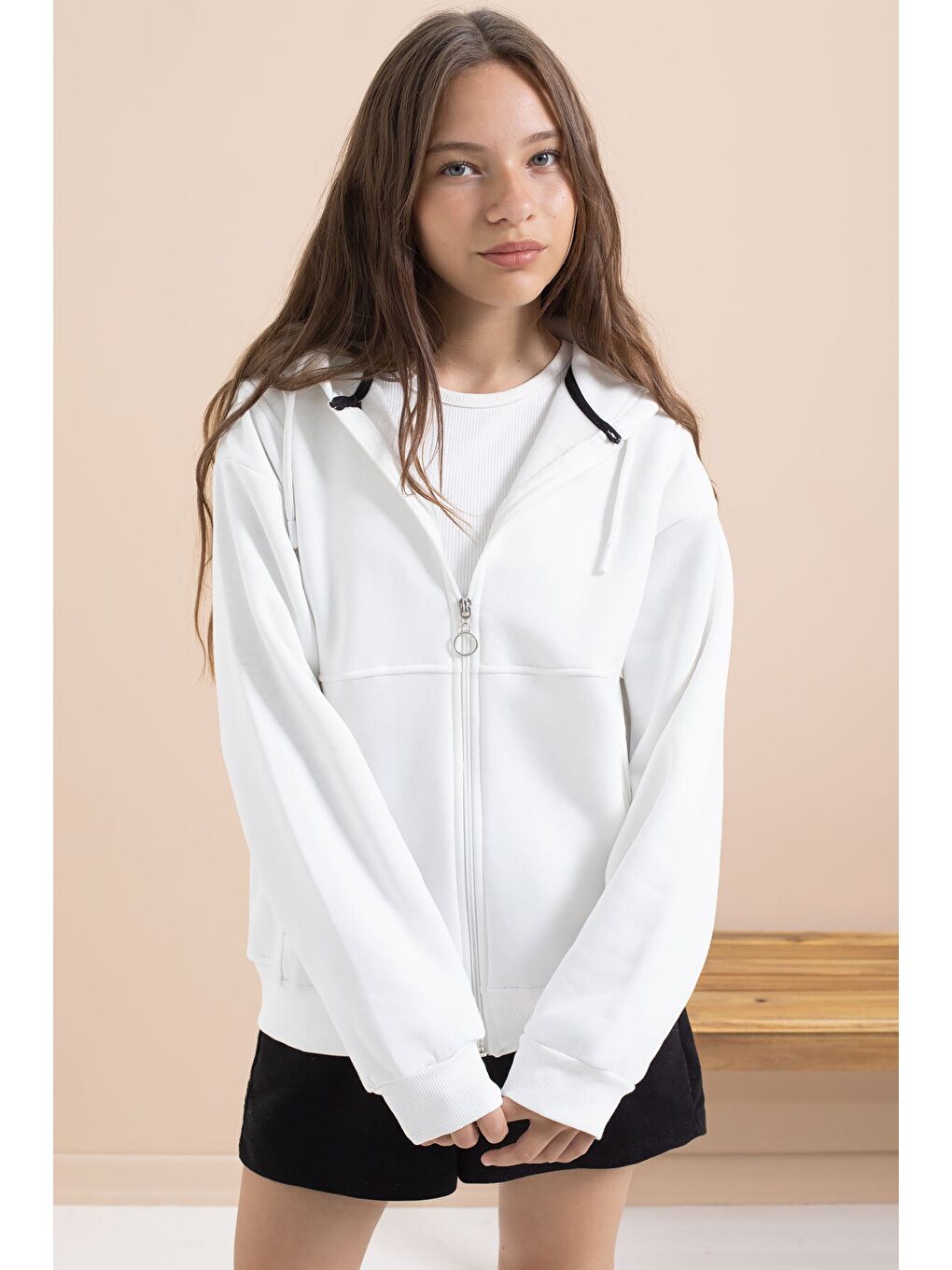 Beyaz Kız Çocuk Şardonlu Kapüşonlu Hırka 21520-3