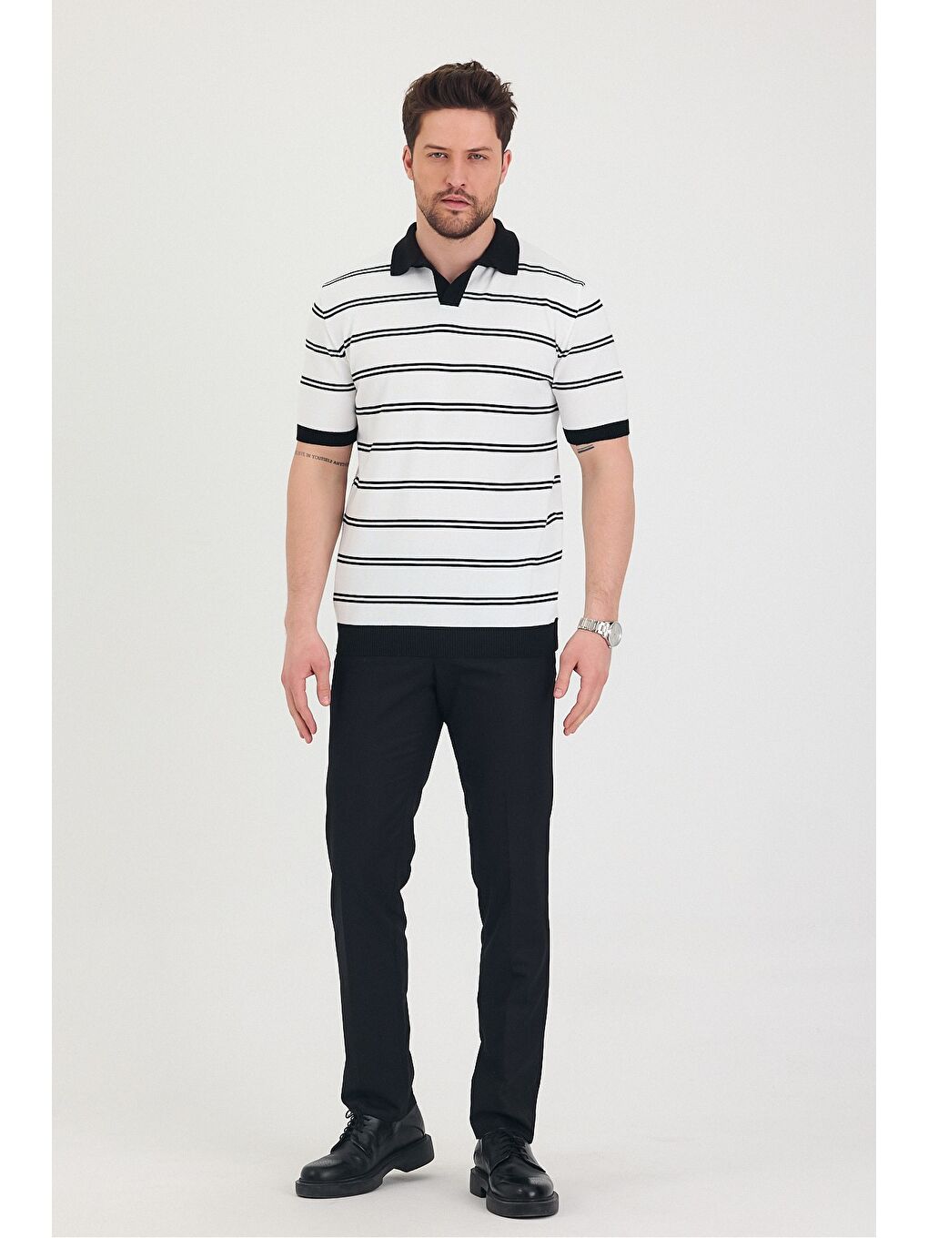 Beyaz Erkek Polo Yaka Çift Çizgi Detaylı Triko T-shirt-1
