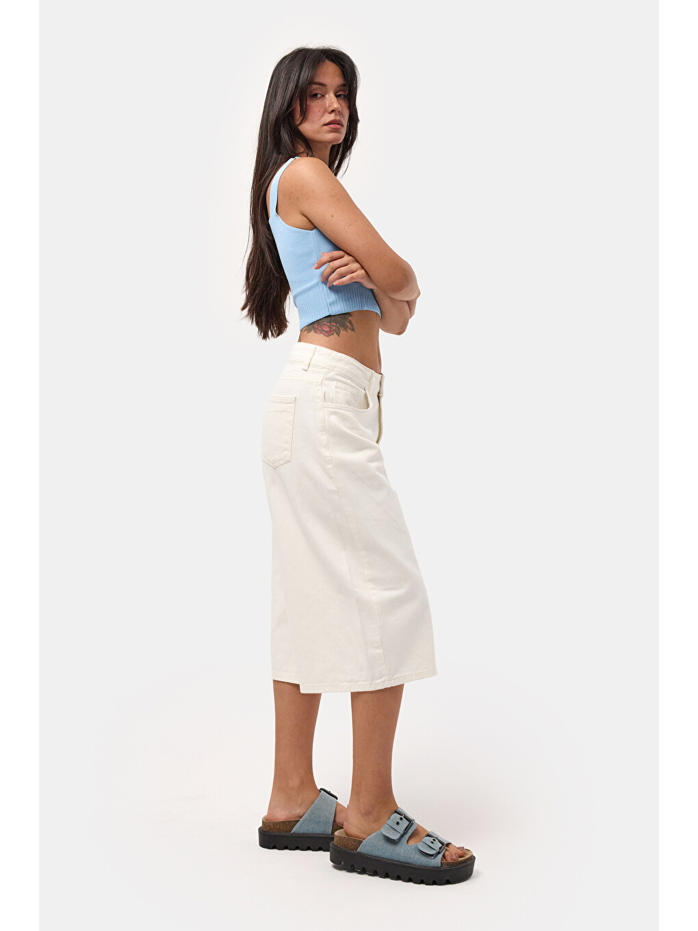Kadın Kırık Beyaz 7s6-101 Maxi Denim Bermuda Şort-5