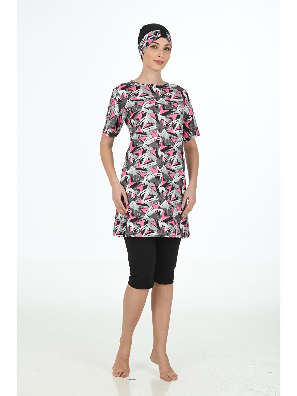 Siyah Yarım Kapalı Elastanlı Tesettür Mayo 3366-7