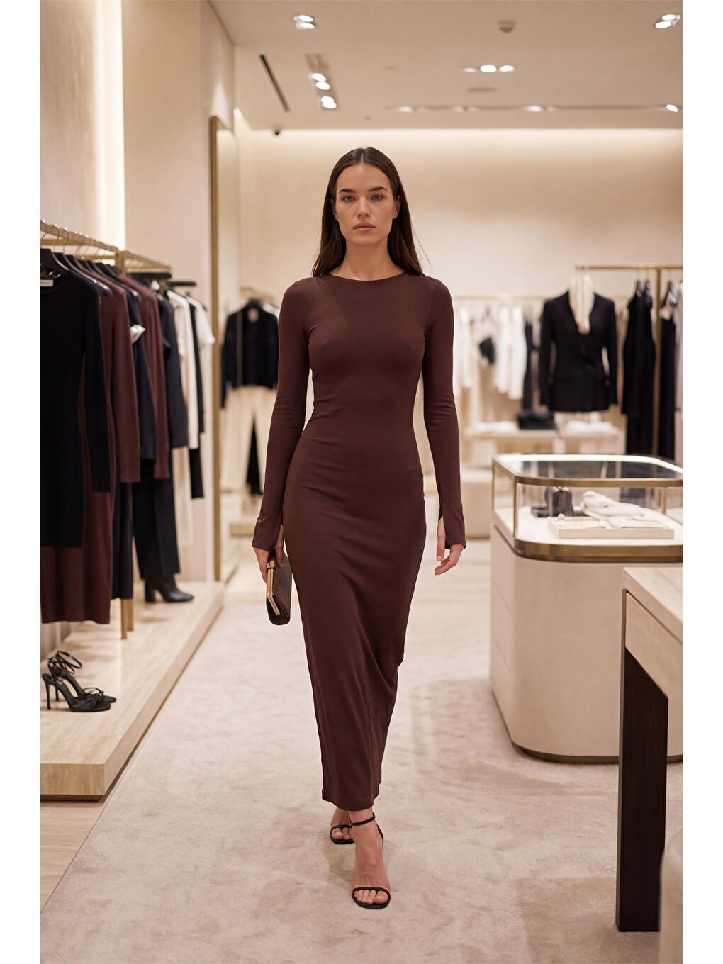 Kadın Kahverengi Sırt Detaylı Maxi Abiye Elbise-1