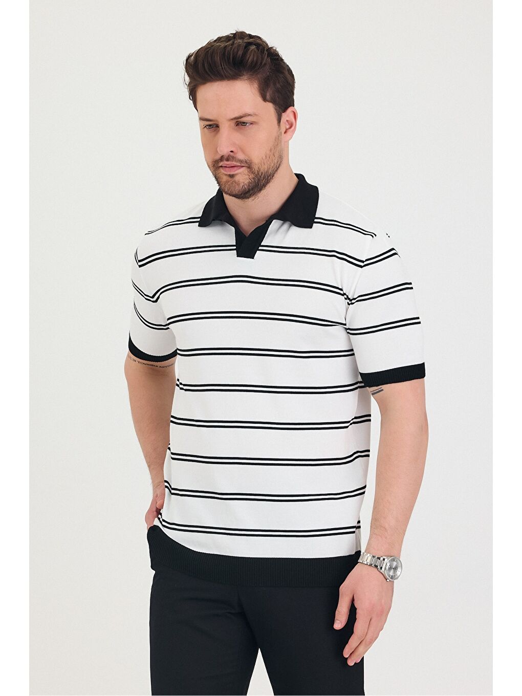 Beyaz Erkek Polo Yaka Çift Çizgi Detaylı Triko T-shirt-2