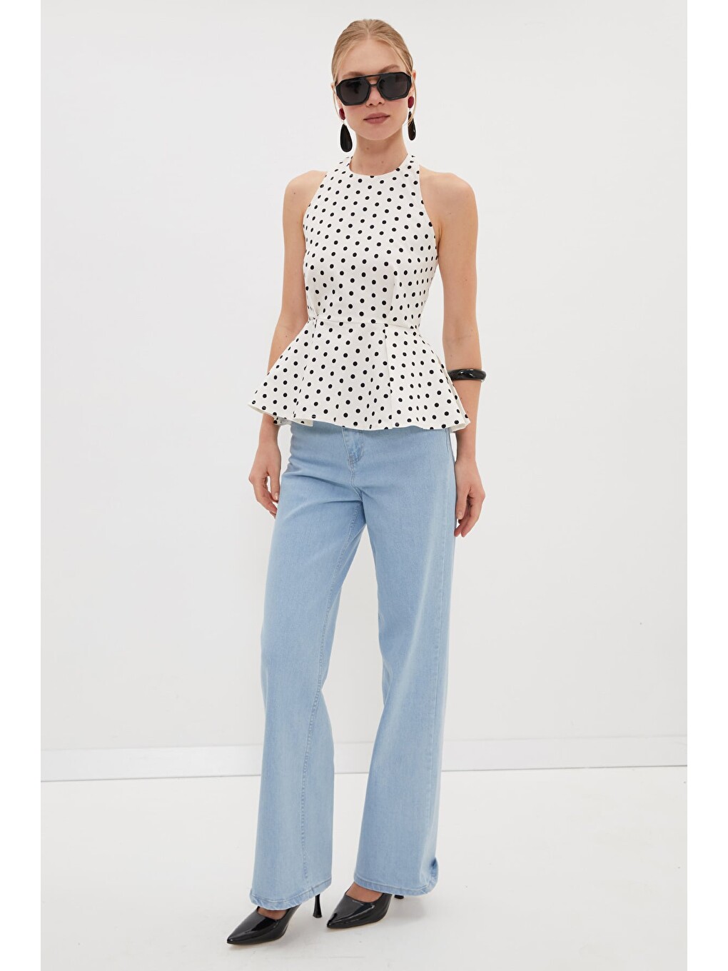Ekru Puantiyeli Peplum Bluz-1