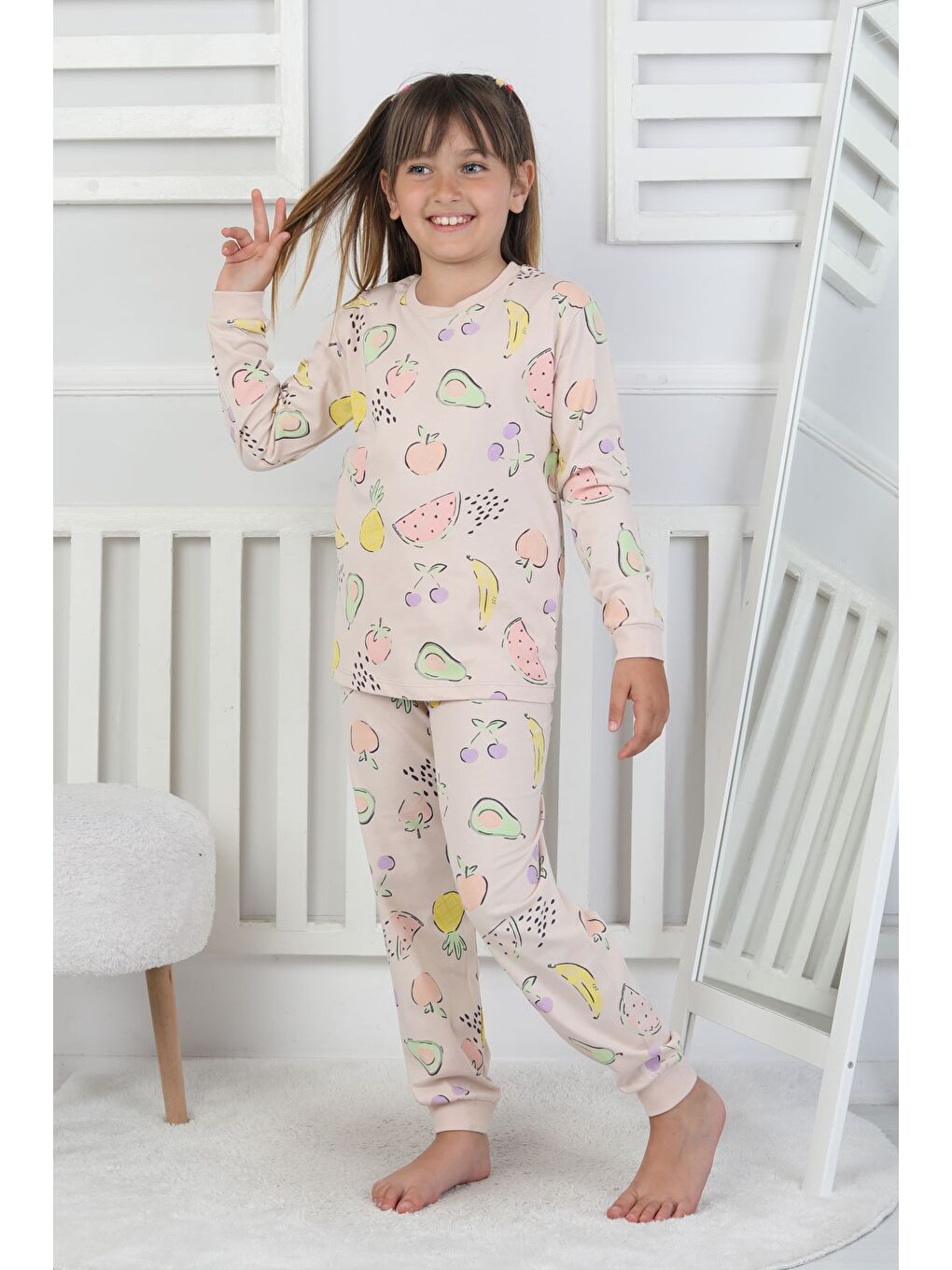 Bej Fruit Patterned Kız Çocuk Pijama Takımı-3