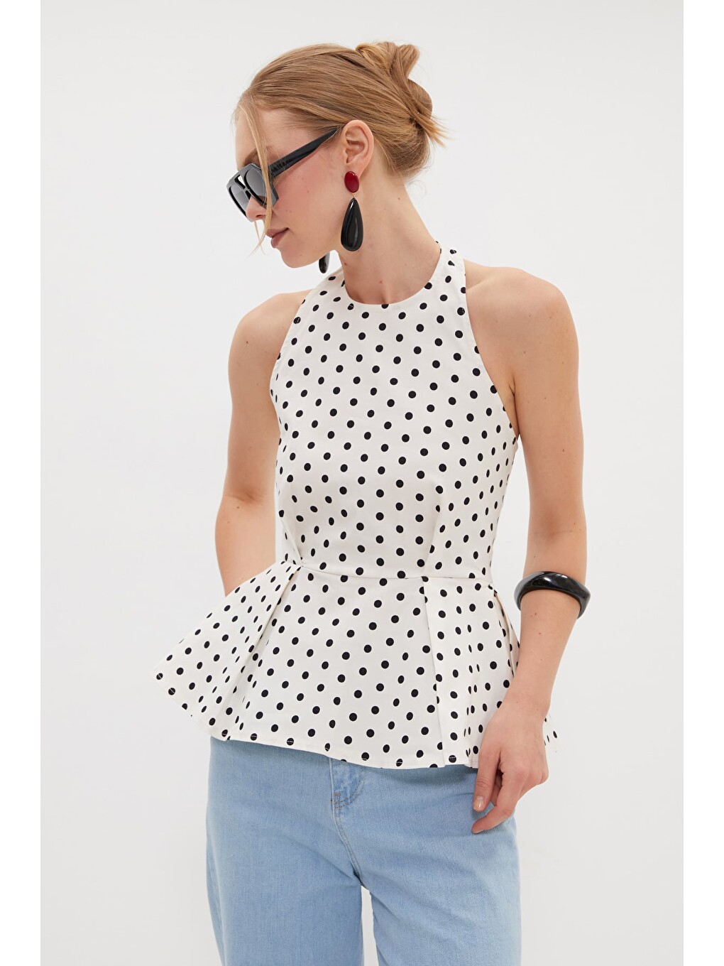 Ekru Puantiyeli Peplum Bluz-2