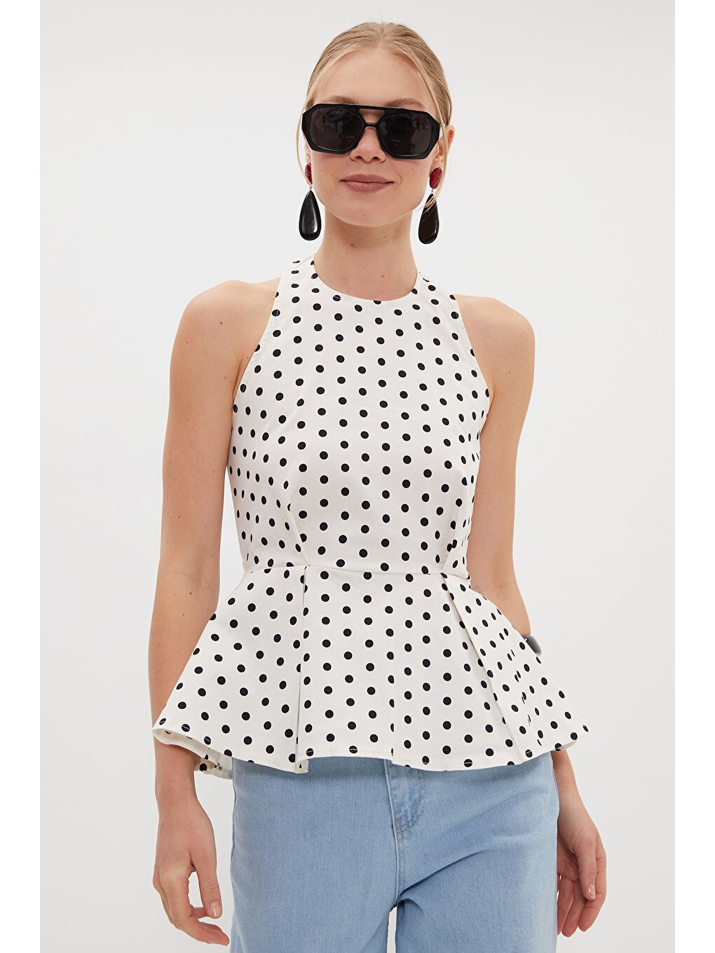 Ekru Puantiyeli Peplum Bluz-3
