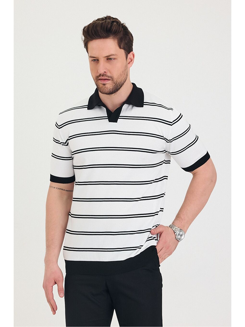 Beyaz Erkek Polo Yaka Çift Çizgi Detaylı Triko T-shirt-3