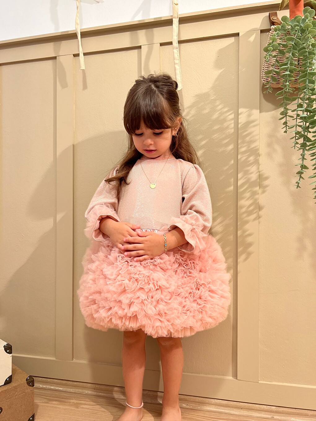 Pembe Tütülü Kabarık Uzun Kollu Kız Çocuk Kız Bebek Elbise