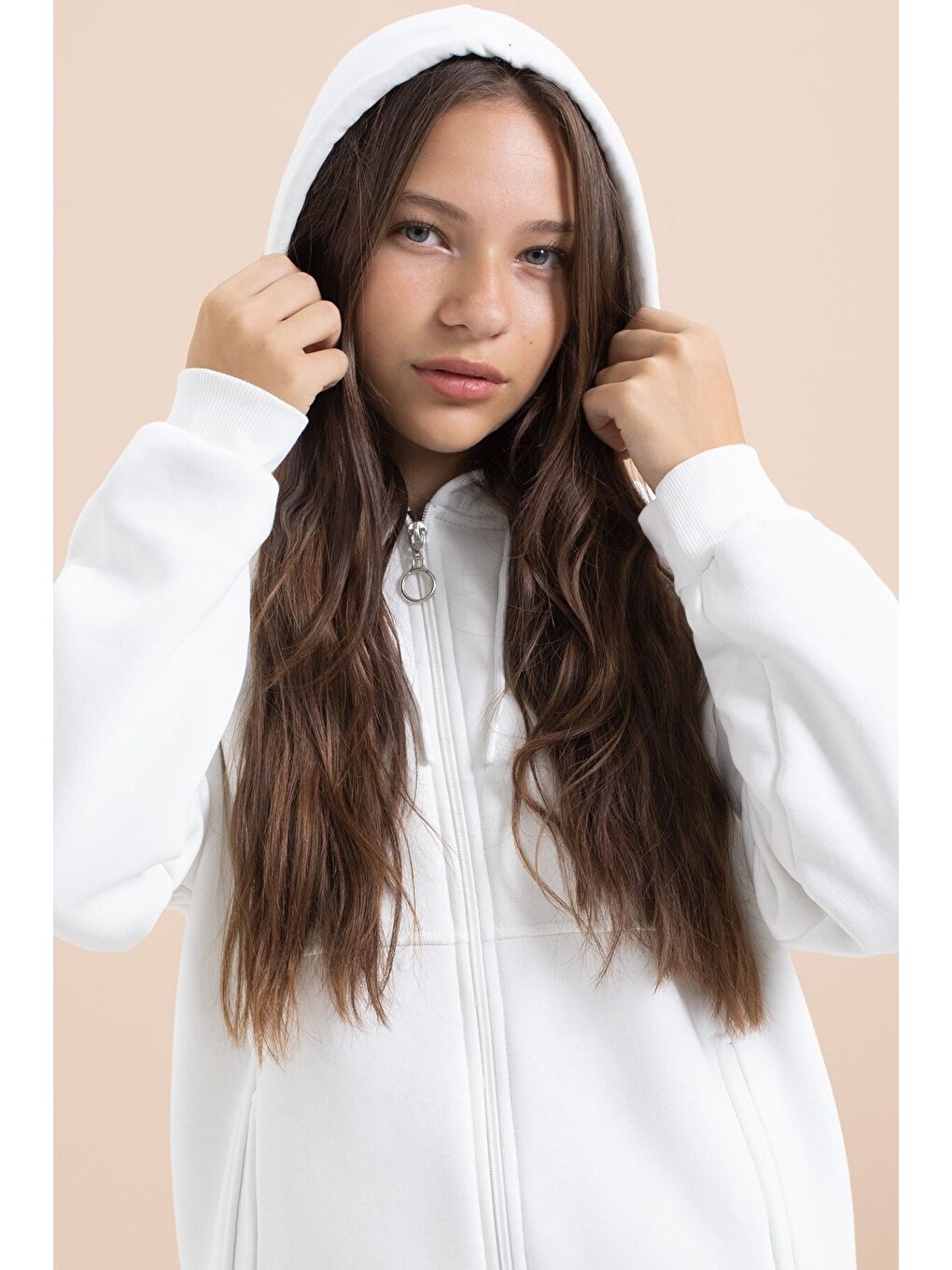 Beyaz Kız Çocuk Şardonlu Kapüşonlu Hırka 21520-2