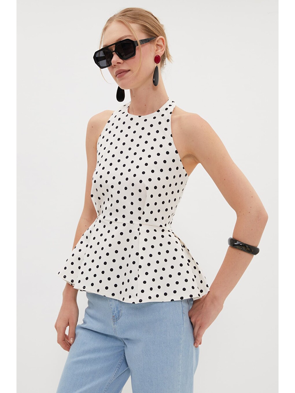 Ekru Puantiyeli Peplum Bluz-4