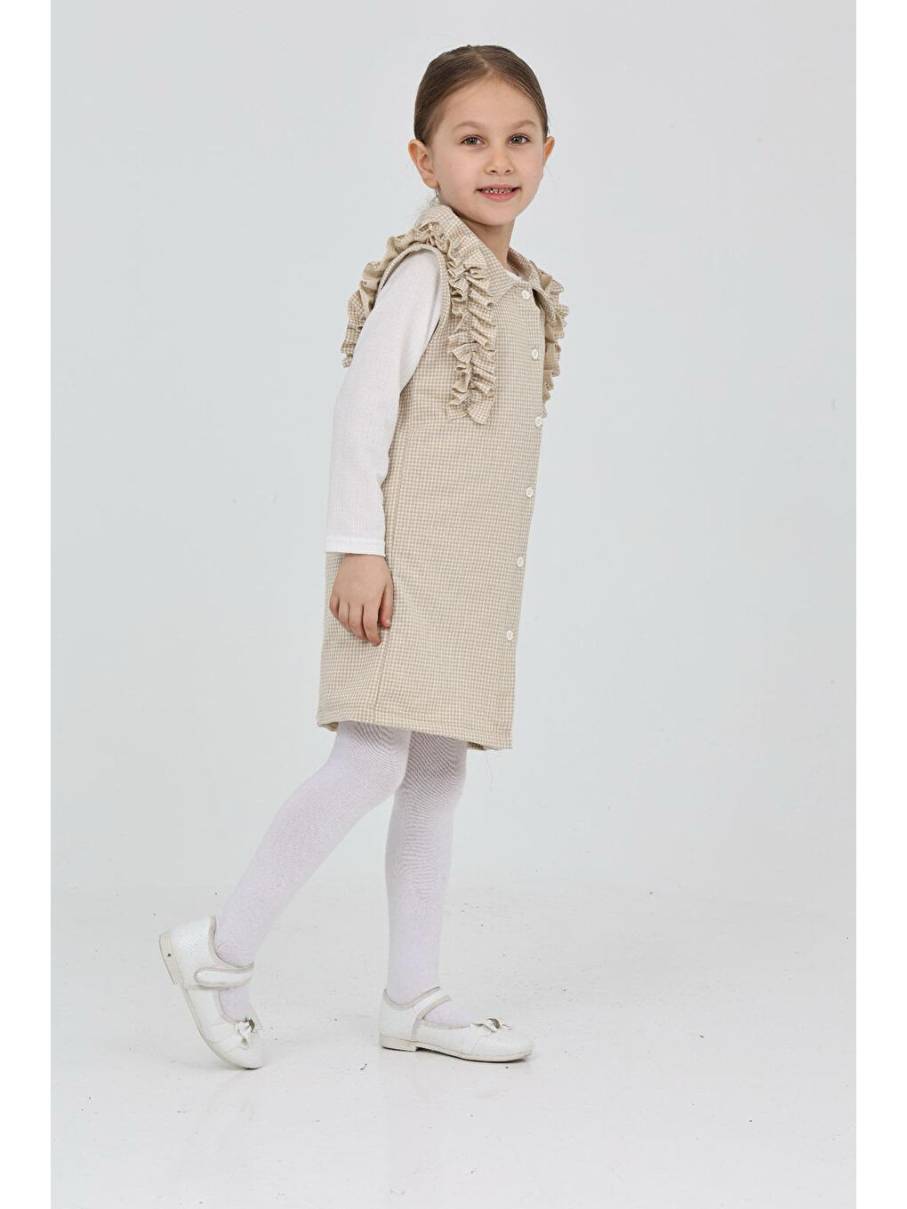 Ekru Kız Çocuk Omuz Fırfırlı 2'li Elbise (Elbise+Bady Bluz)12181-1