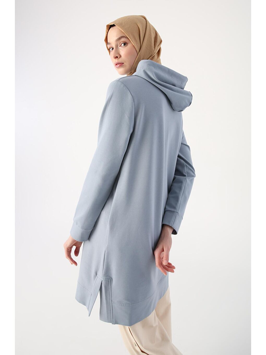 Açık Gri Yırtmaçlı Kapüşonlu Basic Sweat Tunik