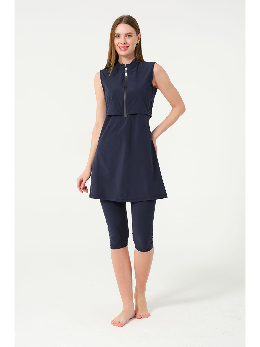 Lacivert Kadın Fermuarlı Kapalı Dik Yaka Sıfır Kol Kaprili Hızlı Kuruyan Mayo-5