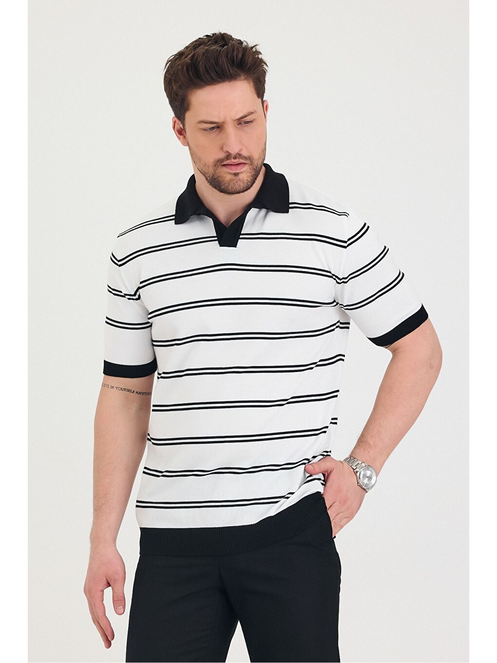 Beyaz Erkek Polo Yaka Çift Çizgi Detaylı Triko T-shirt-4