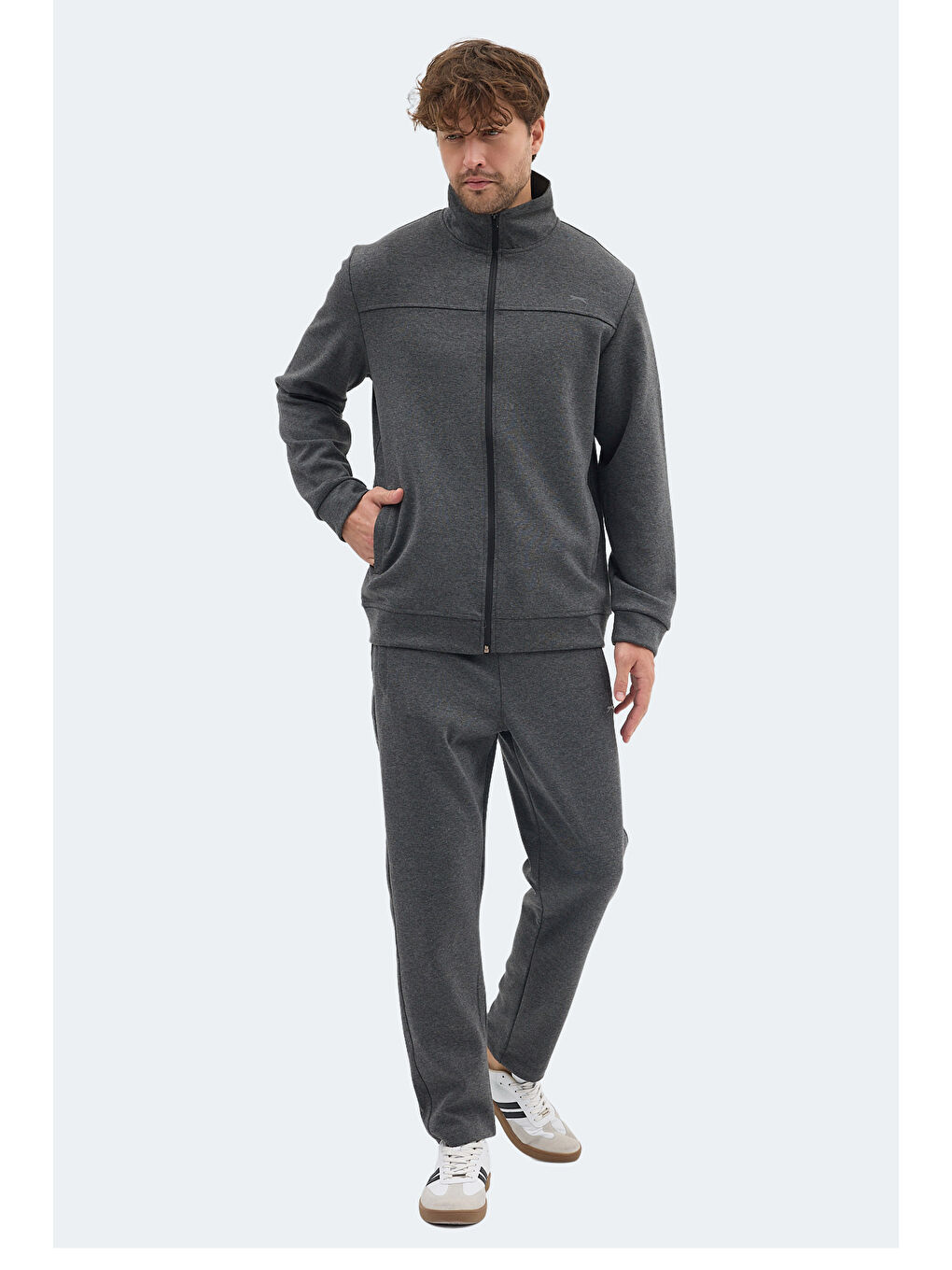 Gri ORDER IN Erkek Fermuarlı Dik Yaka Cepli Füme Eşofman Takımı