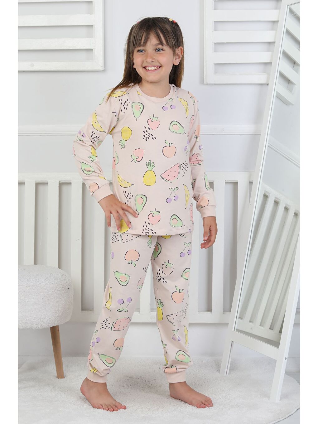 Bej Fruit Patterned Kız Çocuk Pijama Takımı-4
