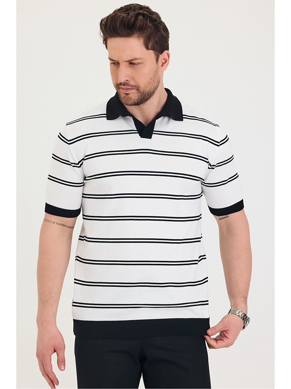Beyaz Erkek Polo Yaka Çift Çizgi Detaylı Triko T-shirt-5
