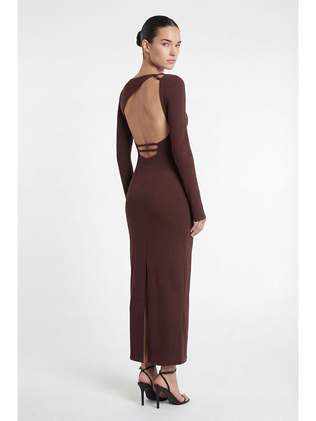 Kadın Kahverengi Sırt Detaylı Maxi Abiye Elbise-4