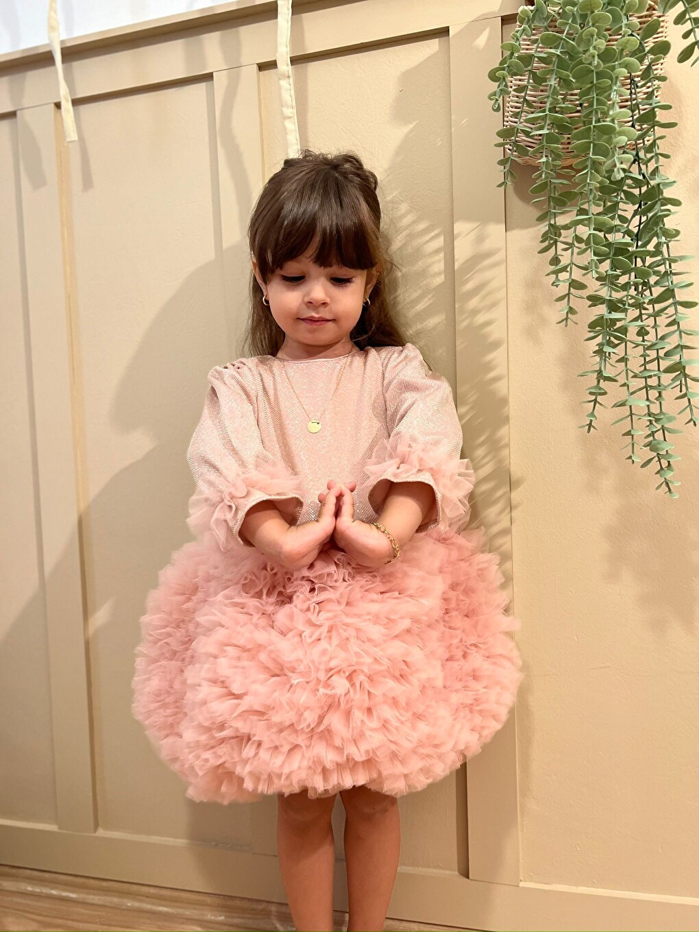 Pembe Tütülü Kabarık Uzun Kollu Kız Çocuk Kız Bebek Elbise-1