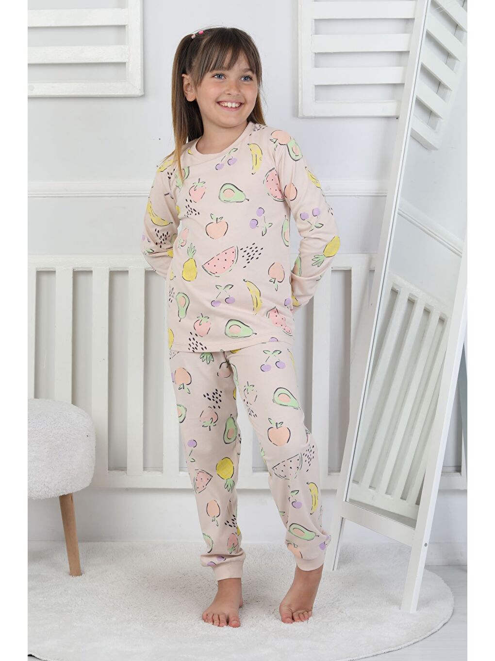 Bej Fruit Patterned Kız Çocuk Pijama Takımı-5