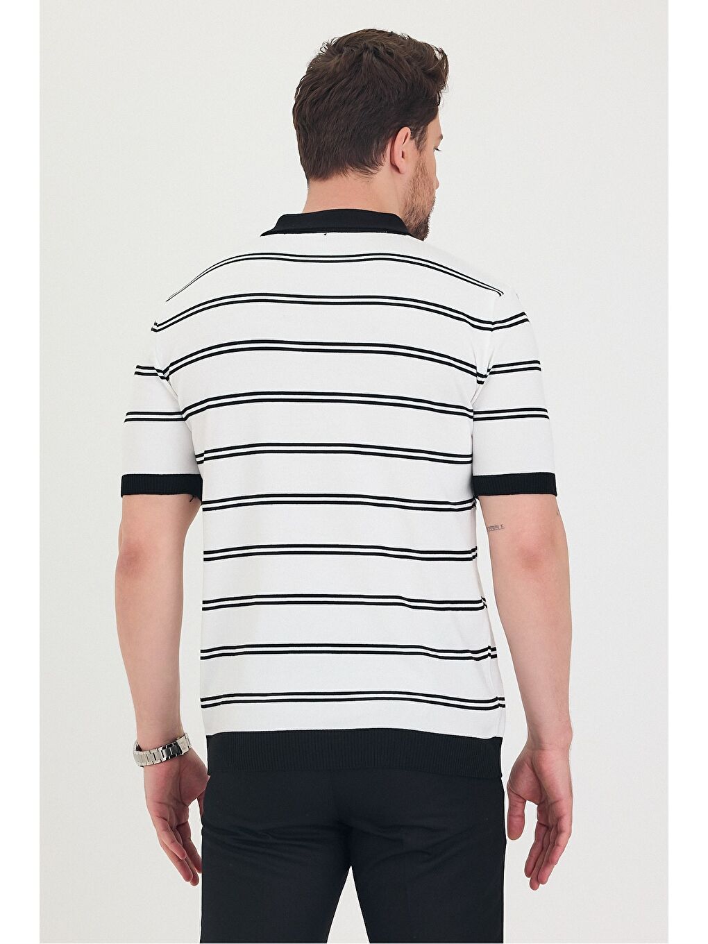 Beyaz Erkek Polo Yaka Çift Çizgi Detaylı Triko T-shirt-7