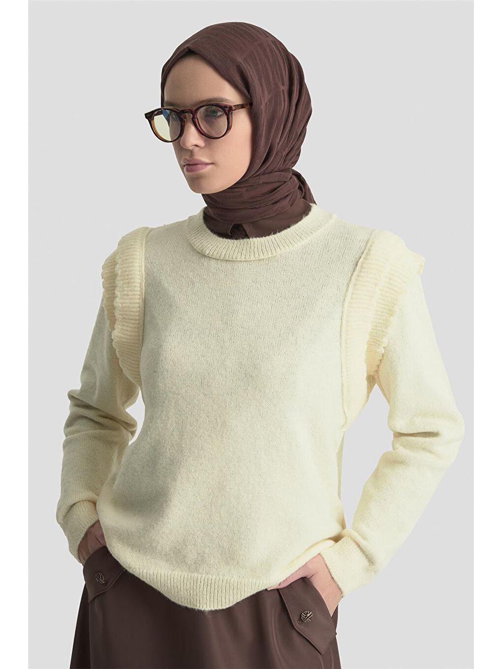 Kolları Fırfırlı Kazak 25Kd6012 Ekru