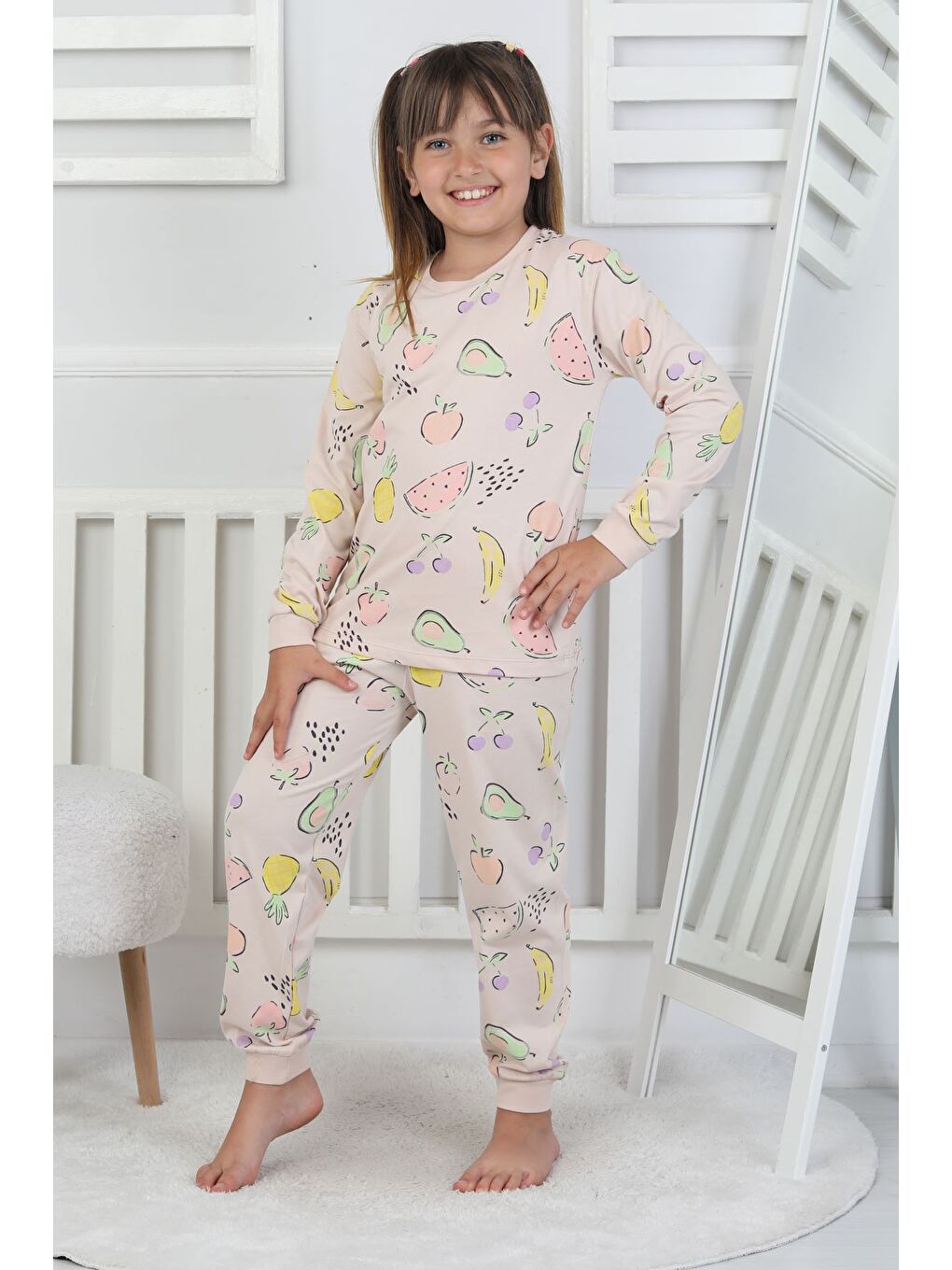 Bej Fruit Patterned Kız Çocuk Pijama Takımı-6