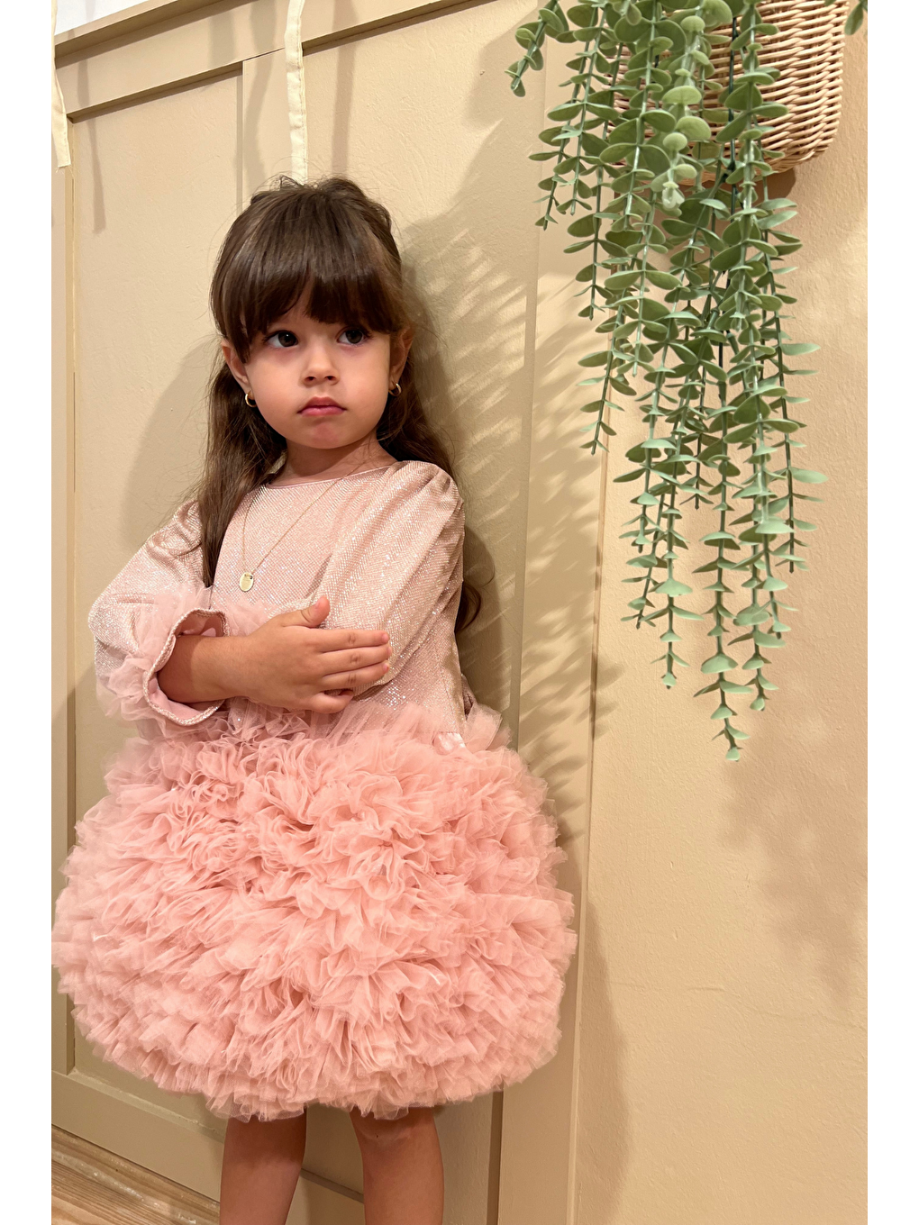 Pembe Tütülü Kabarık Uzun Kollu Kız Çocuk Kız Bebek Elbise-2