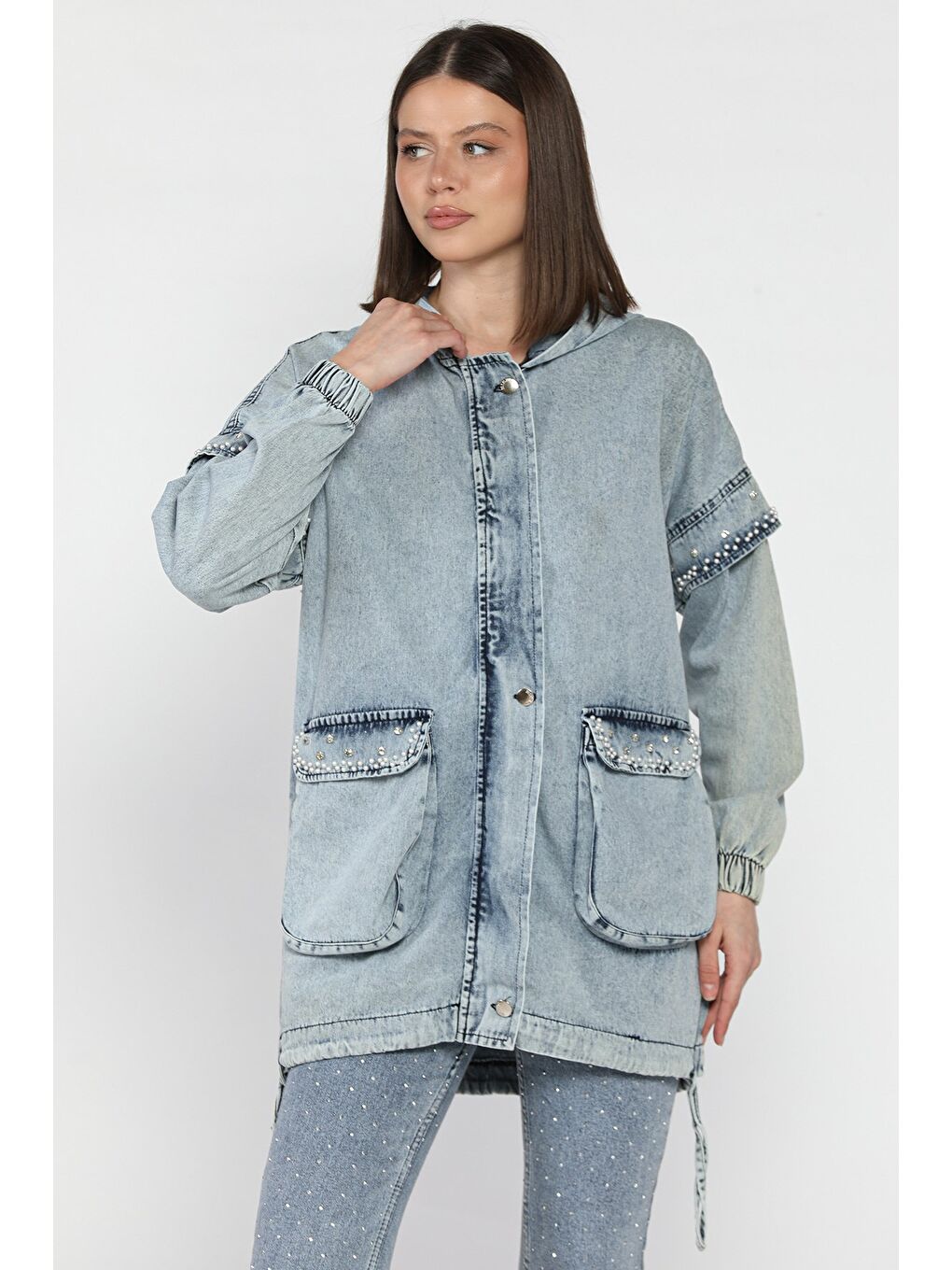 Mavi Kadın Kapüşonlu Fermuarlı Taş Detaylı Jean Jean Ceket-1