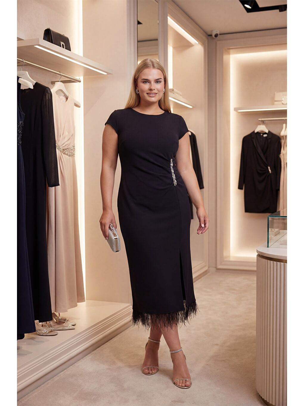 Kadın Siyah Büyük Beden Otrişli Örme Midi Abiye Elbise-1